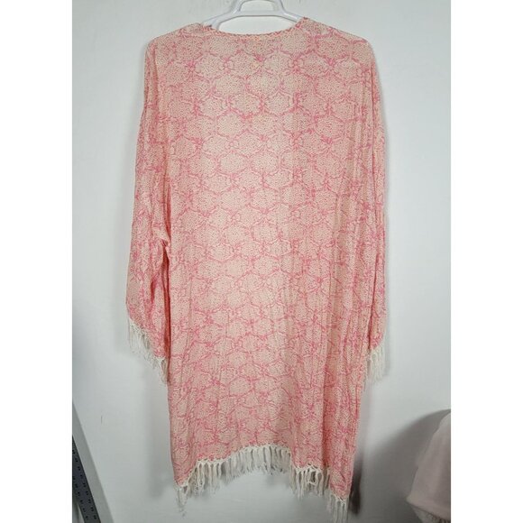 Moonlight Lily Womens Fringe Kimono Robe One Size Pink Floral Boho Hand Made New - Picture 2 of 8